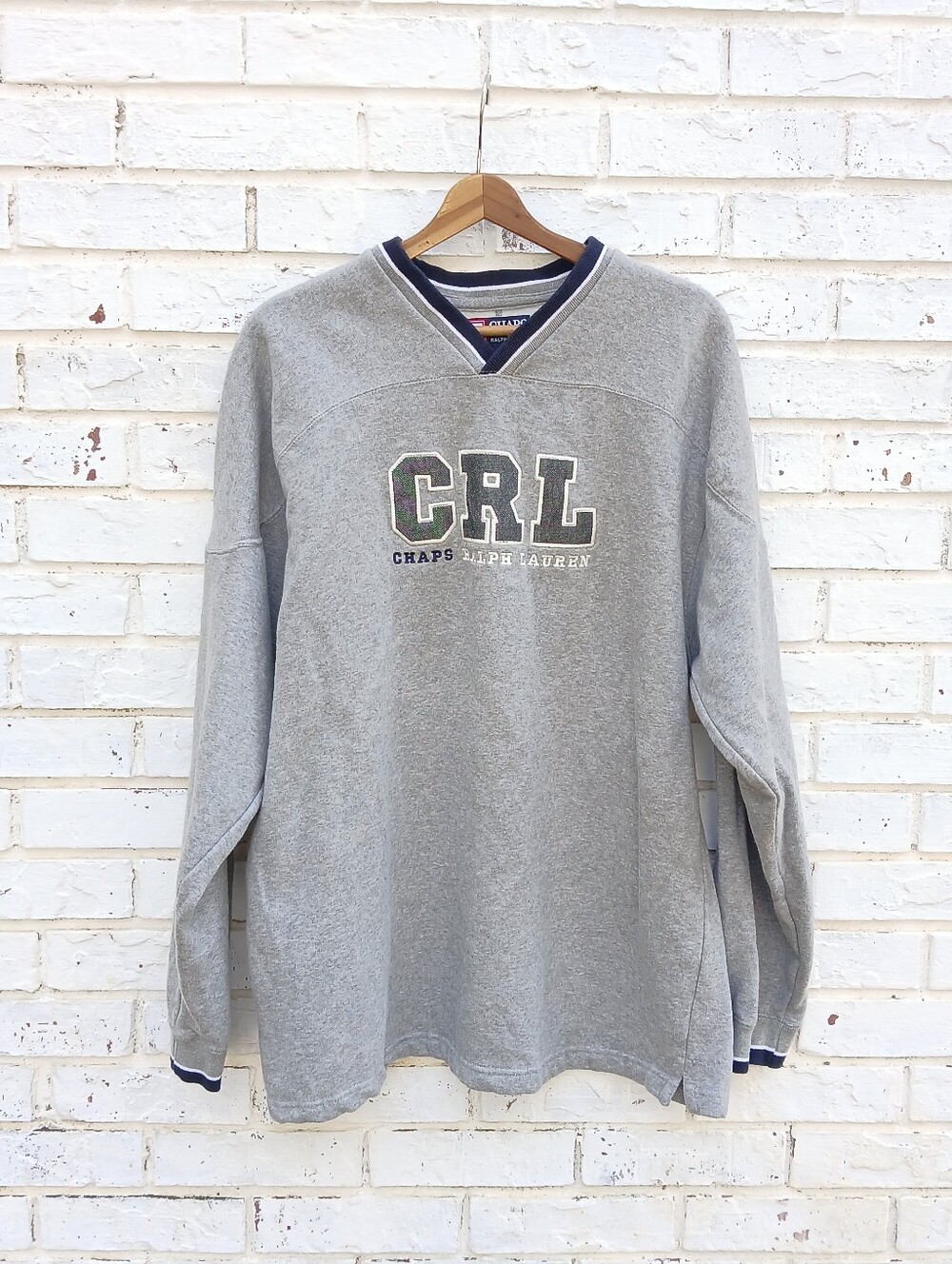 Vintage 90s Y2K Chaps V Neck Sweatshirt Gray Logo Spellout